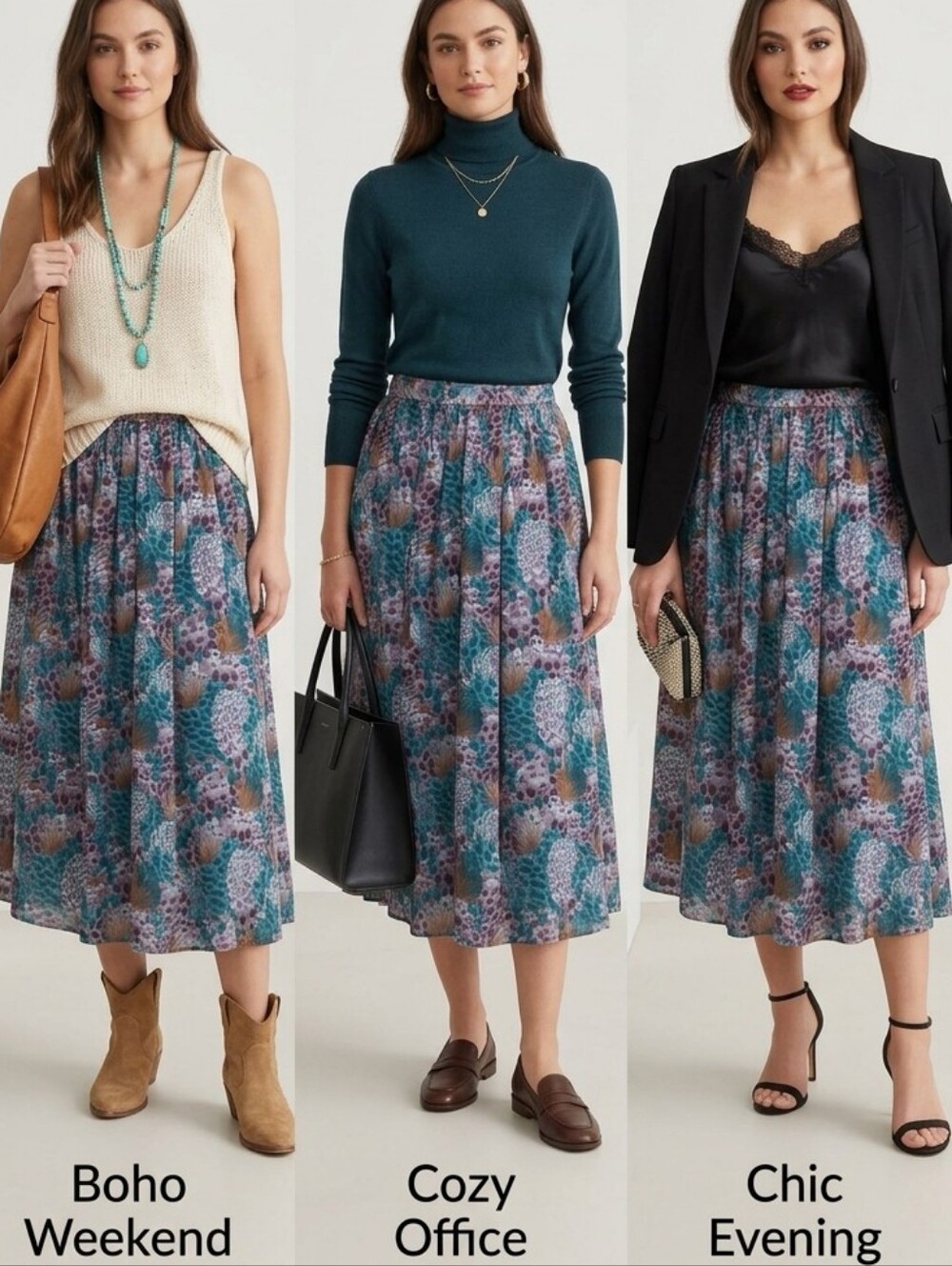 Peacock Print Pleated Midi Skirt Teal Purple Vintage 80s Campus Casuals